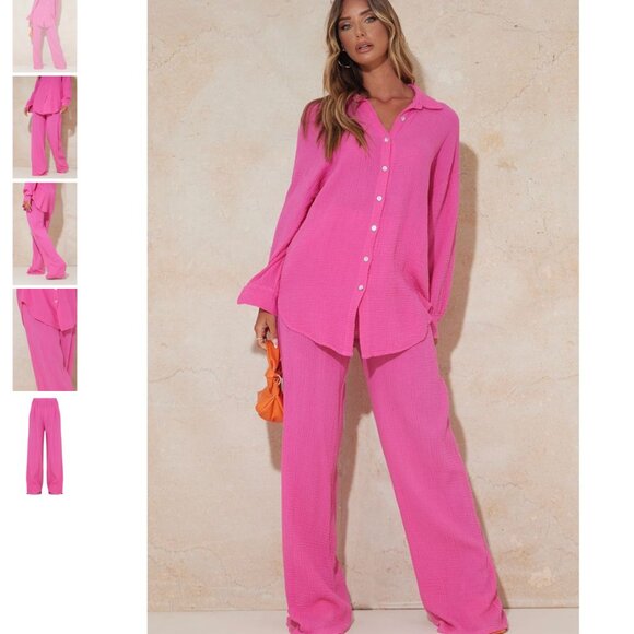 *Prettylittlething Hot Pink Crinkle Wide Leg Elasticated Waist Trousers NWT - Picture 1 of 8